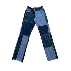 Denim Frayed Patchwork Jeans